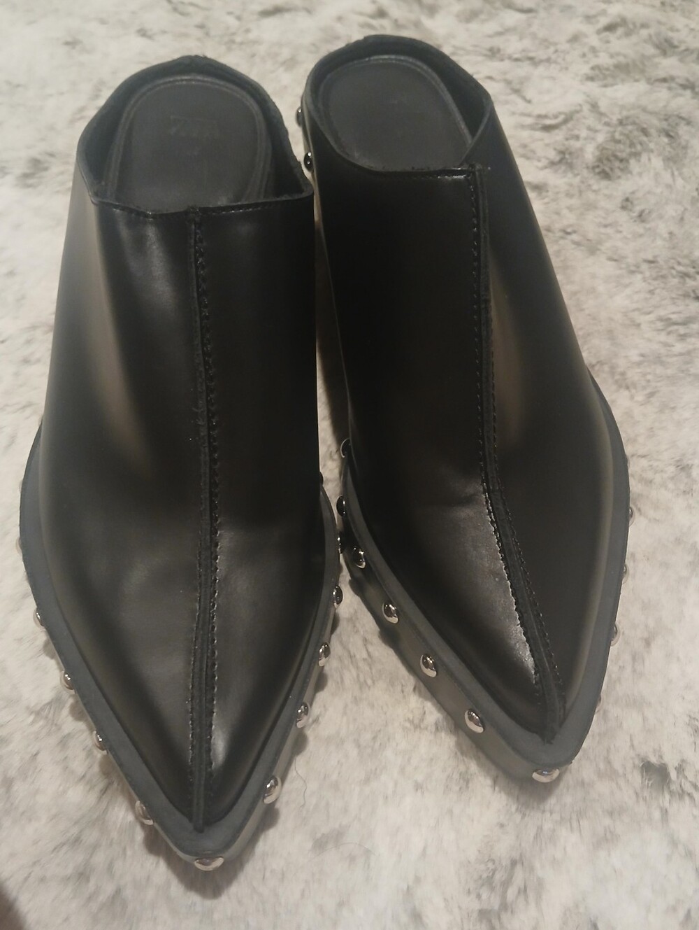 Zara Black Pointed Stud-Trim Slip-On Mules